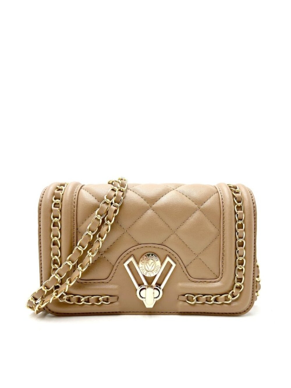Valentino Orlandi V-3004 Taupe Quilted V-Lock Chain Crossbody Bag NWT